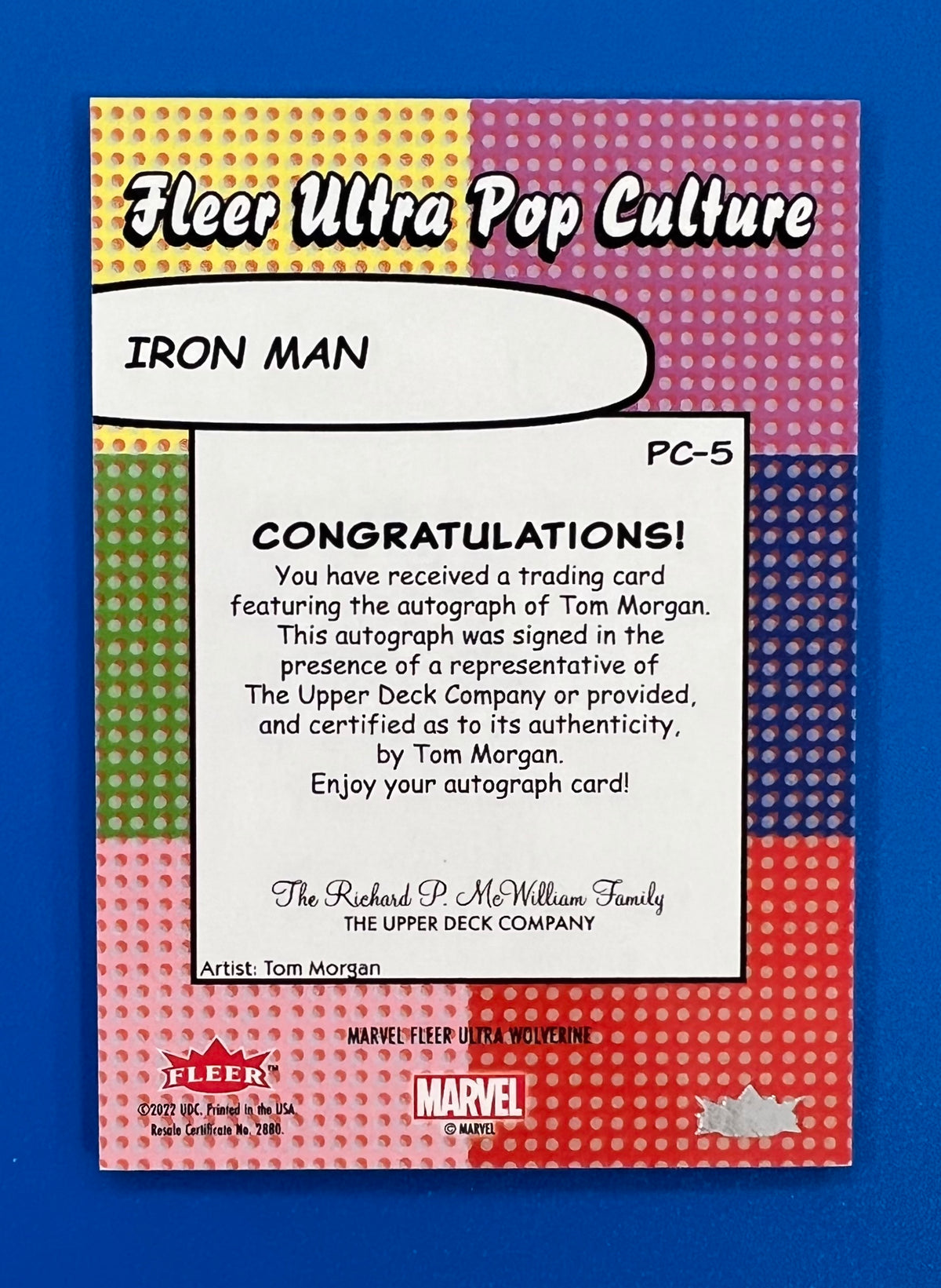 2023 Fleer Ultra Wolverine Iron Man Pop Culture Artist Auto 29/40 Tom Morgan PC-5