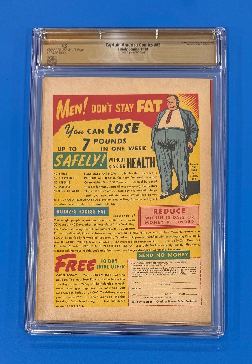 Captain America #69 Timely Comics CGC 4.5 Pedigree C/OW Pages 1948 Golden Label