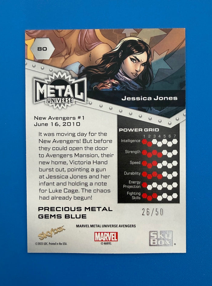 2024 Skybox Marvel Metal Universe Avengers PMG Blue 26/50 Jessica Jones #80