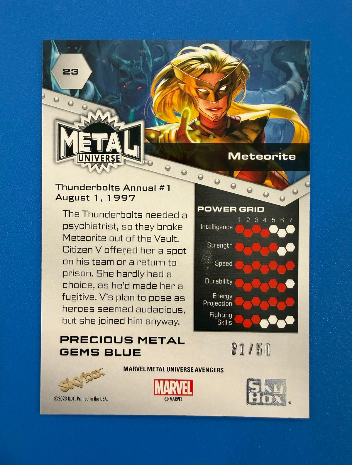 2024 Skybox Marvel Metal Universe Avengers PMG Blue 31/50 Meteorite #23