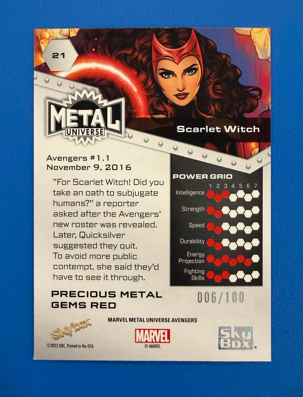 2024 Skybox Marvel Metal Universe Avengers PMG Red 06/100 Scarlet Witch #21