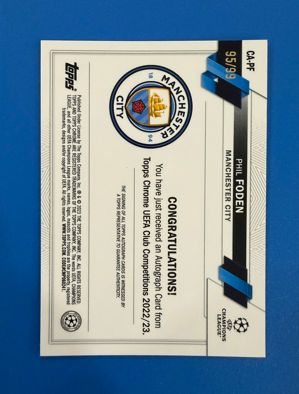 2022 Topps UEFA Club Competitions Phil Foden Green 95/99 Autograph